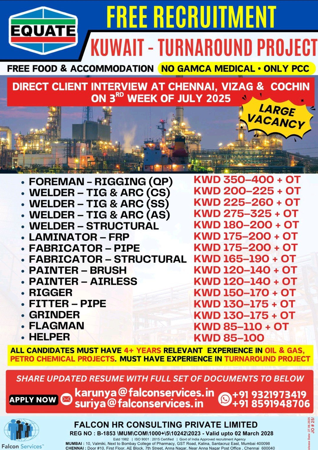 Falcon Services hiring for Kuwait turnaround project with direct interviews in Chennai, Vizag, and Cochin