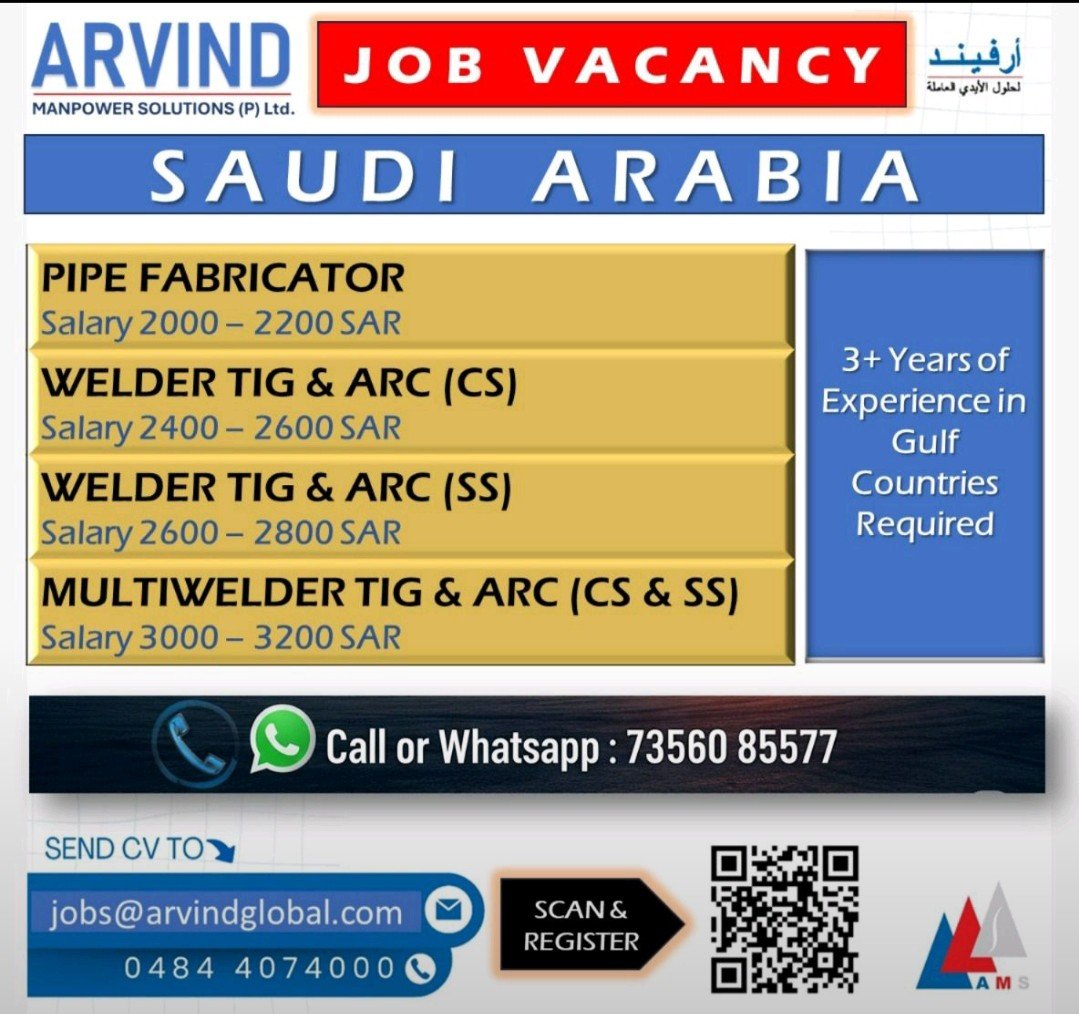 Job vacancies for welders and pipe fabricators in Saudi Arabia by Arvind Manpower