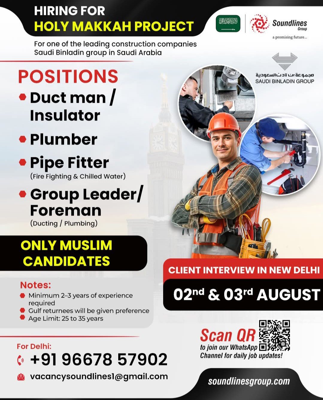 Jobs in Saudi Arabia's Holy Makkah project for Muslim candidates, interview in Delhi