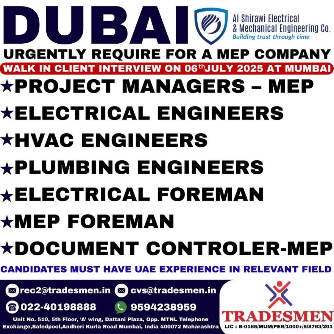 Dubai MEP hiring for engineers and foremen – walk-in interview in Mumbai
