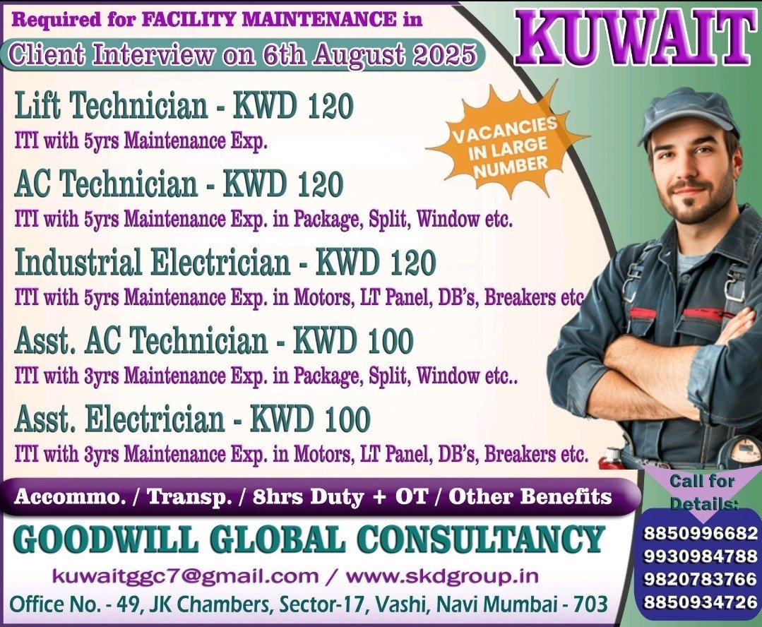 Hiring in Kuwait for AC technicians, electricians, and lift technicians with interview in Mumbai