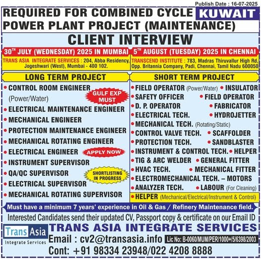 Kuwait power plant jobs with interview in Mumbai and Chennai in July and August 2025