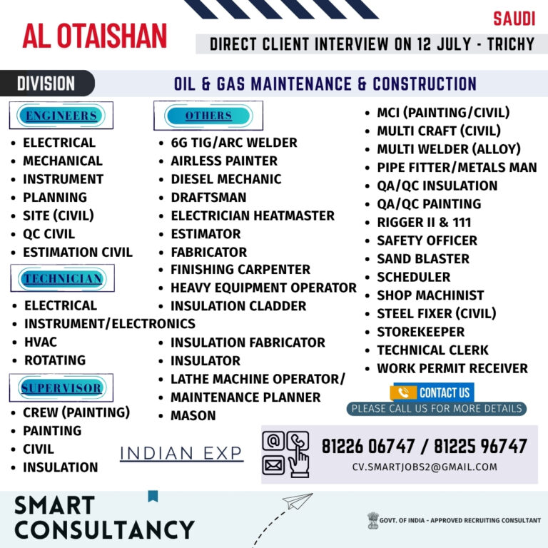 WANTED FOR A LEADING OIL & GAS COMPANY – SAUDI / DIRECT CLIENT INTERVIEW ON 12 JULY – TRICHY