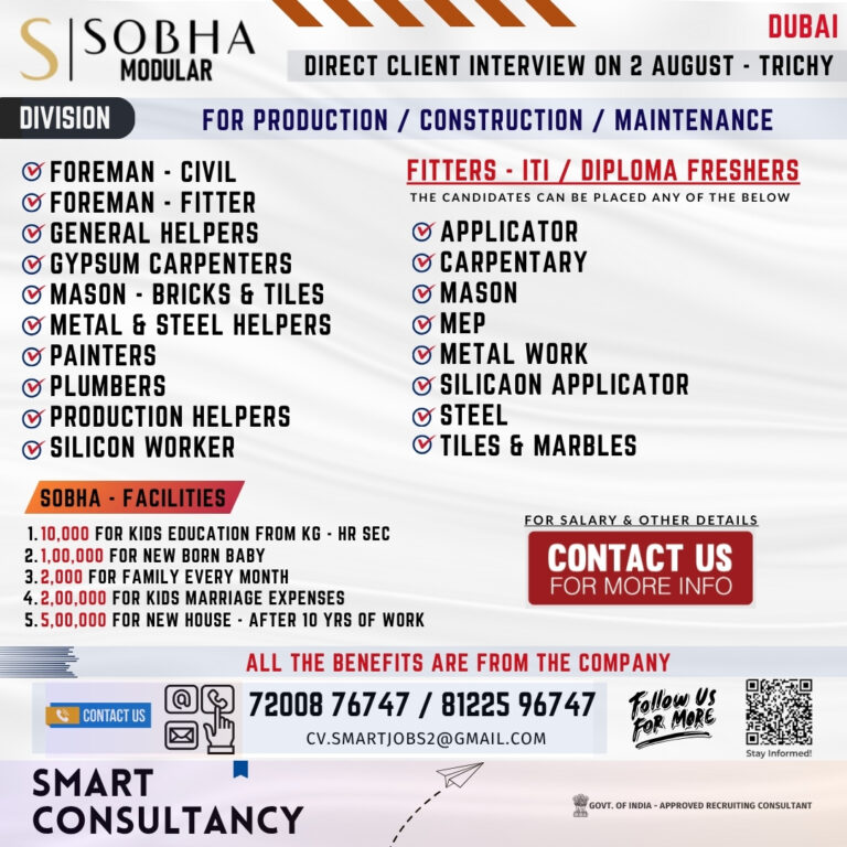 WANTED FOR A LEADING CONSTRUCTION COMPANY – DUBAI / MODULAR / MOVABLE / PORTABLE – DIVISION – DIRECT CLIENT INTERVIEW ON 2nd AUGUST – TRICHY