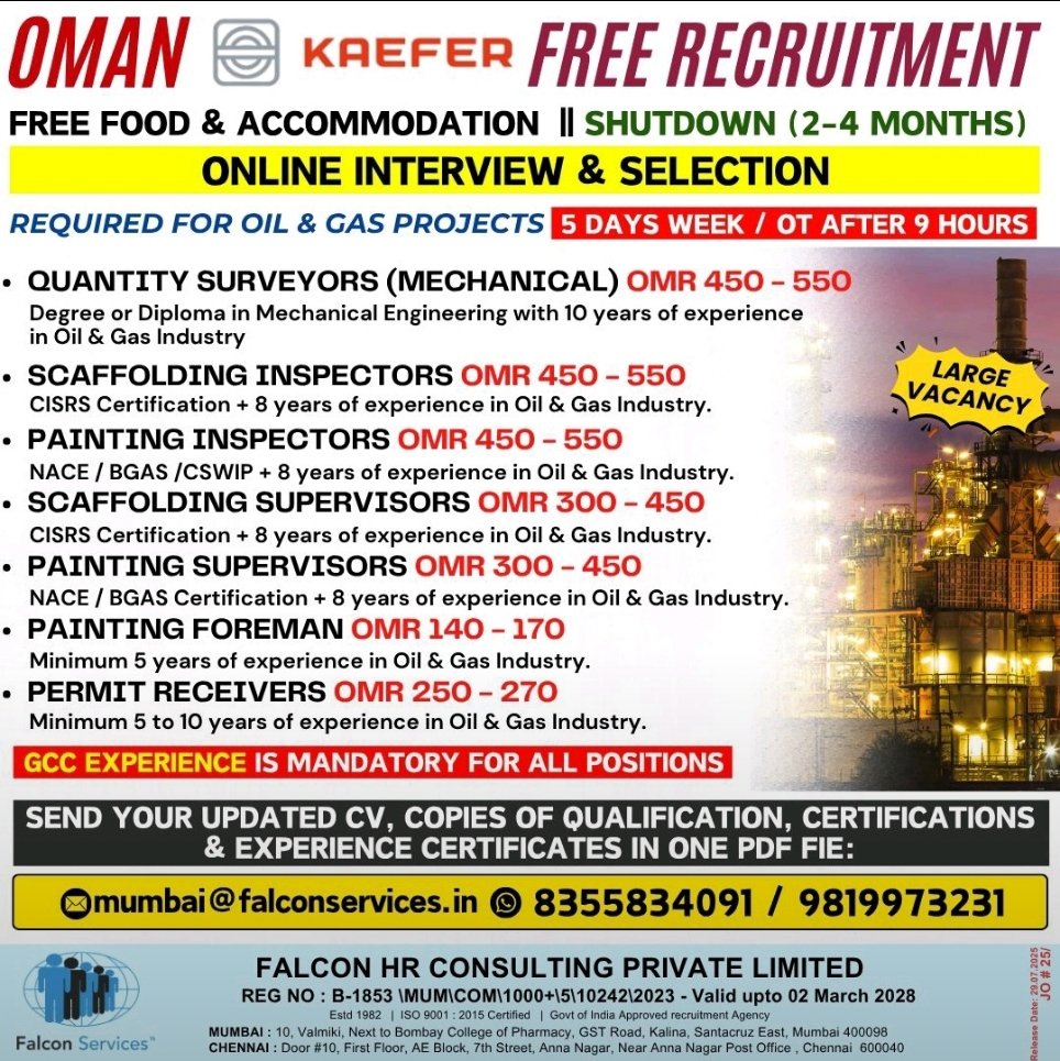 Oman oil and gas job vacancies for shutdown project – inspectors, foreman, supervisors