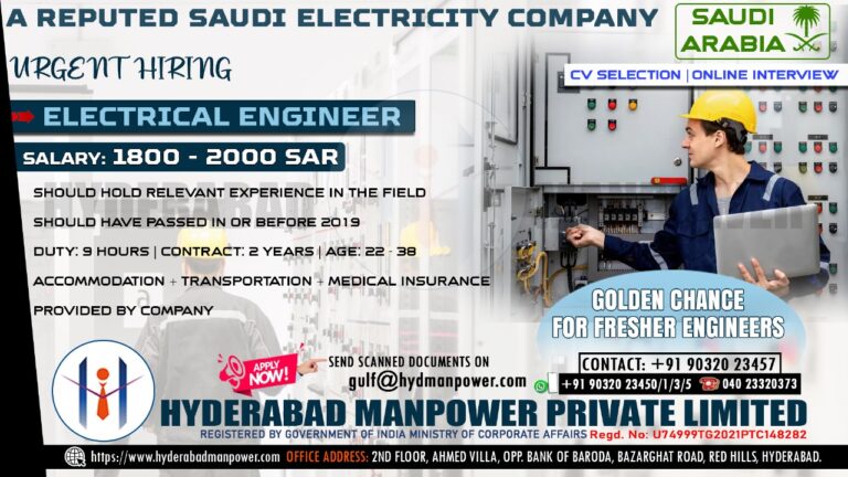 Urgent Hiring for A Reputed Saudi Arabia Electricity Company