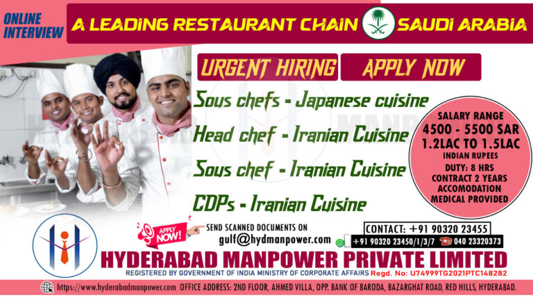 Urgent Hiring for A Leading Restaurant Chain for Saudi Arabai