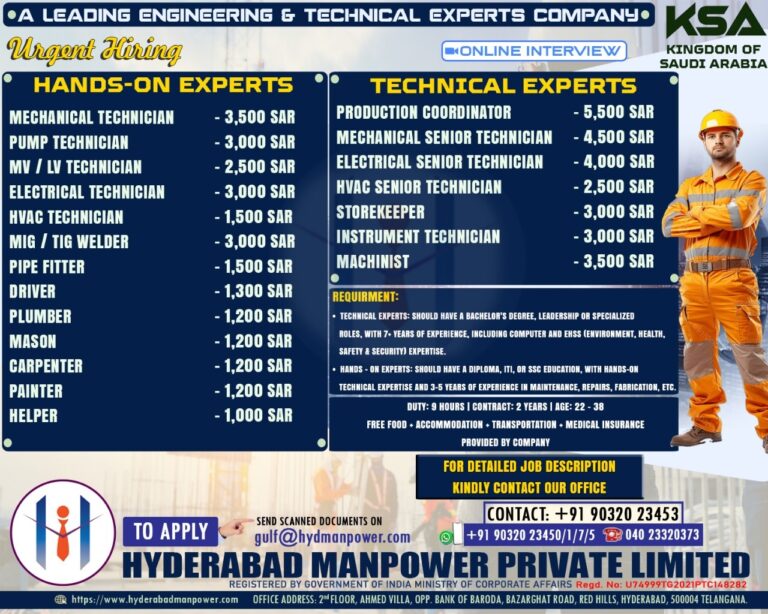 Urgent Hiring for A Leading Engineering & Technical Experts Company of Saudi Arabai
