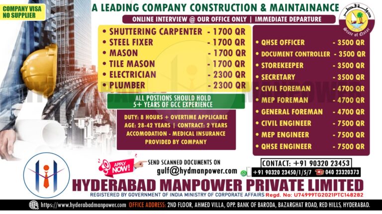 Urgent Hiring for A Leading Construction and Maintenance Company in Qatar 1 Urgent Hiring for A Leading Construction and Maintenance Company in Qatar