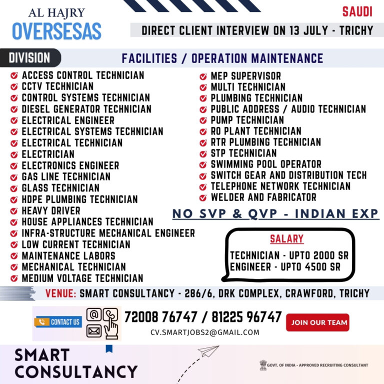 WANTED FOR A LEADING FACILITIES / MAINTENANCE COMPANY – SAUDI / DIRECT CLIENT INTERVIEW ON 13 JULY – TRICHY