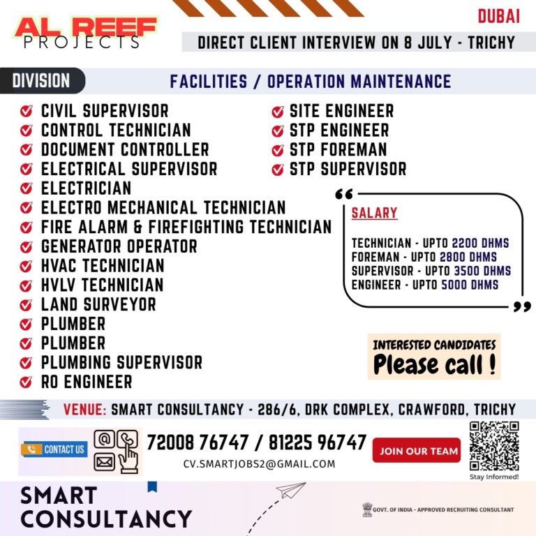 WANTED FOR A LEADING MAINTENANCE COMPANY – UAE MANUFACTURING DIVISION DIRECT CLIENT INTERVIEW ON 8 JULY – TRICHY