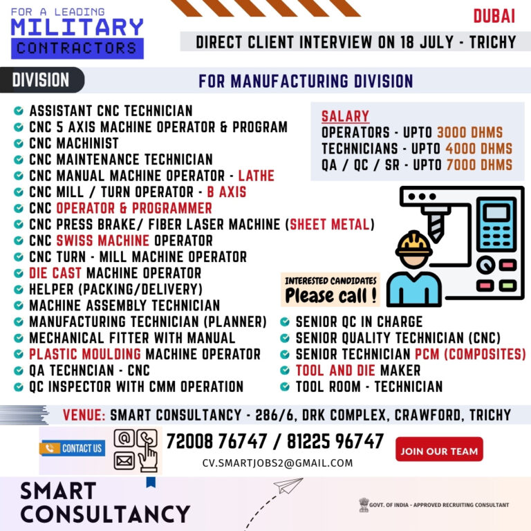 WANTED FOR A LEADING MILITARY PRODUCTS MANUFACTURING COMPANY – UAE MANUFACTURING DIVISION DIRECT CLIENT INTERVIEW ON 18 JULY – TRICHY
