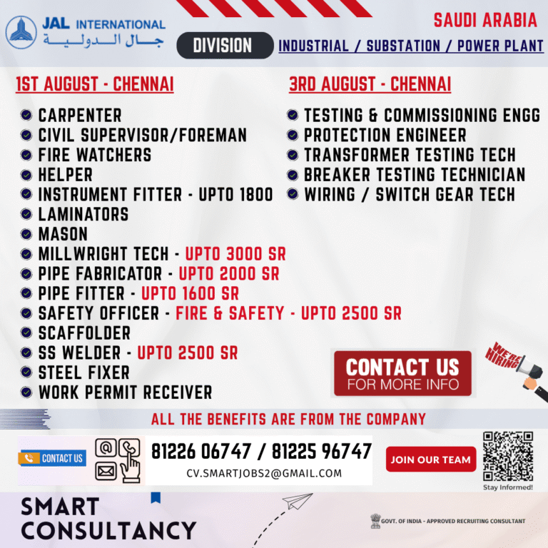 WANTED FOR A LEADING COMPANY – SAUDI ARABIA / INDUSTRIAL / POWER PLANT / SUBSTATION – DIRECT CLIENT INTERVIEW ON 1ST & 3RD AUGUST – CHENNAI