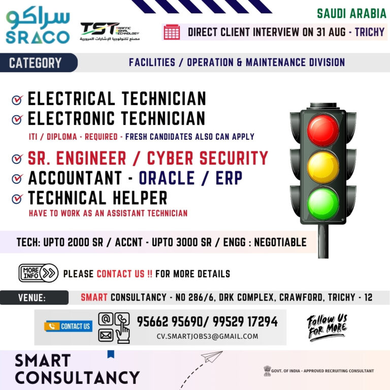 WANTED FOR A LEADING FACILITY / OPERATION MAINTENANCE COMPANY – SAUDI | DIRECT CLIENT INTERVIEW ON 31 AUGUST – TRICHY
