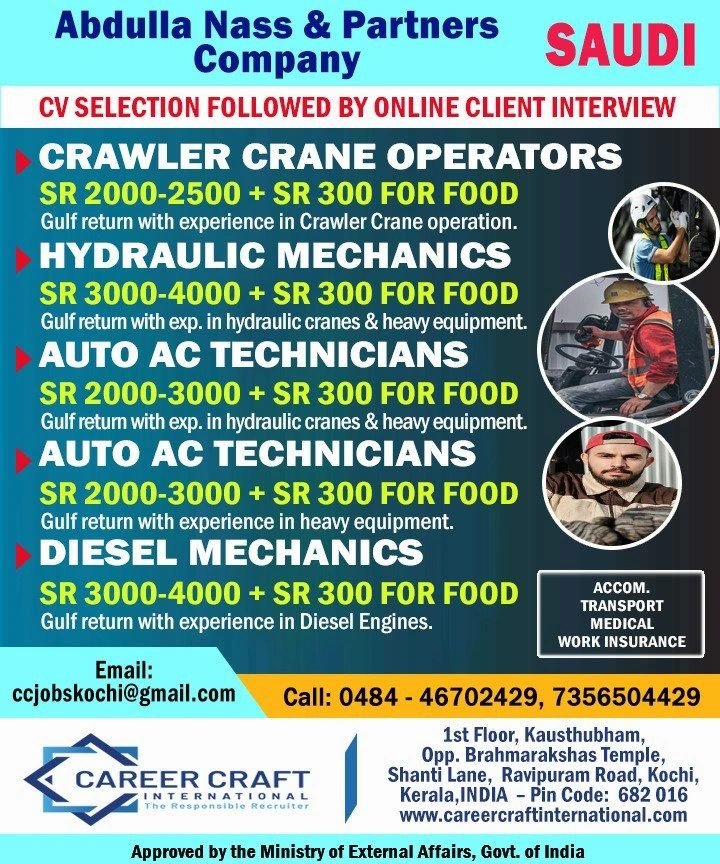 Saudi Arabia job vacancies for crane operators, mechanics, and technicians with Abdulla Nass & Partners