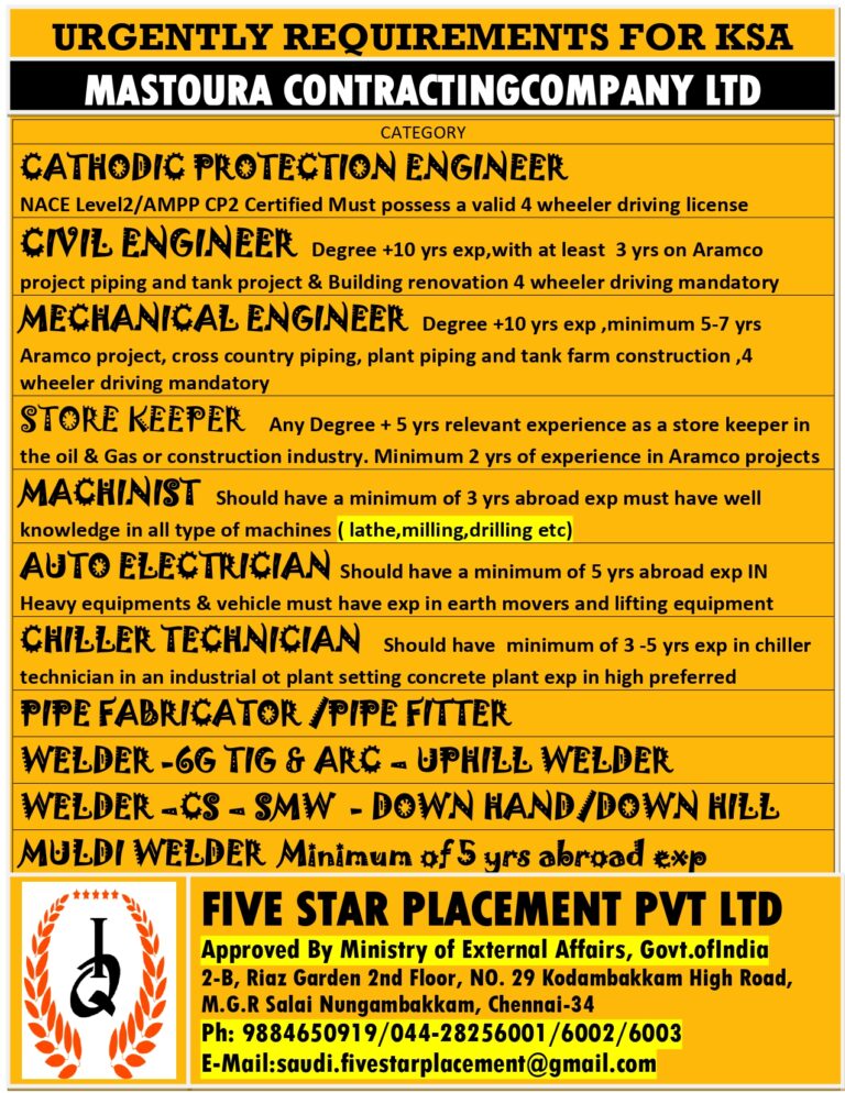 URGENT JOB OPENING FOR SAUDI ARABIA