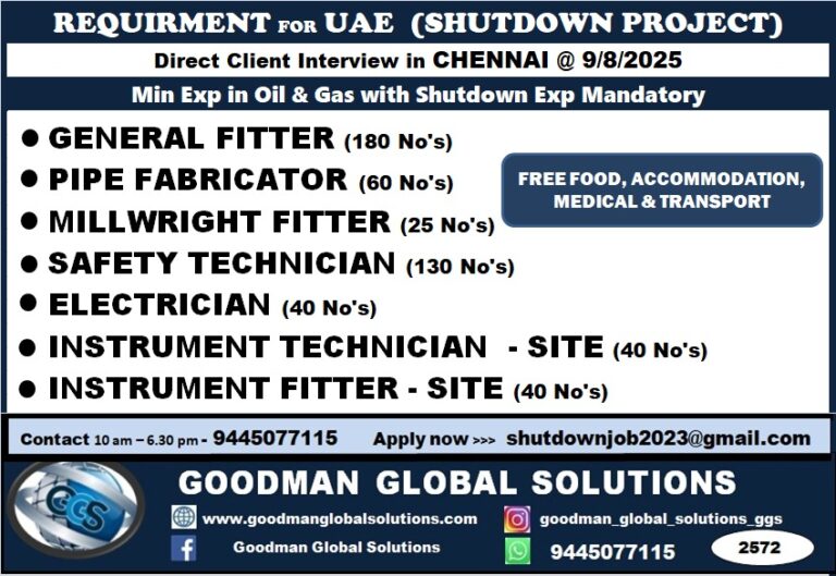 FREE REQUIREMENT – UAE (SHUTDOWN PROJECT) DIRECT INTERVIEW IN CHENNAI @09/08/2025