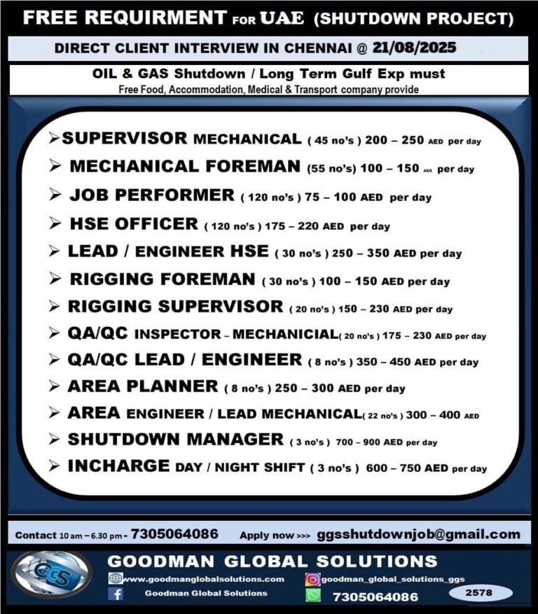 FREE REQUIREMENT – UAE ( 4 – 6 month  SHUTDOWN PROJECT) DIRECT INTERVIEW IN CHENNAI @ 21/8/2025