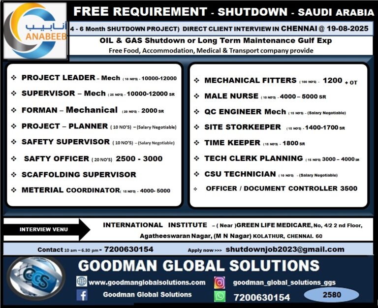 FREE REQUIREMENT – UAE ( 4 – 6  month  SHUTDOWN PROJECT) SAUDI ARABIA DIRECT CLIENT INTERVIEW IN CHENNAI @ 19 AUG 2025