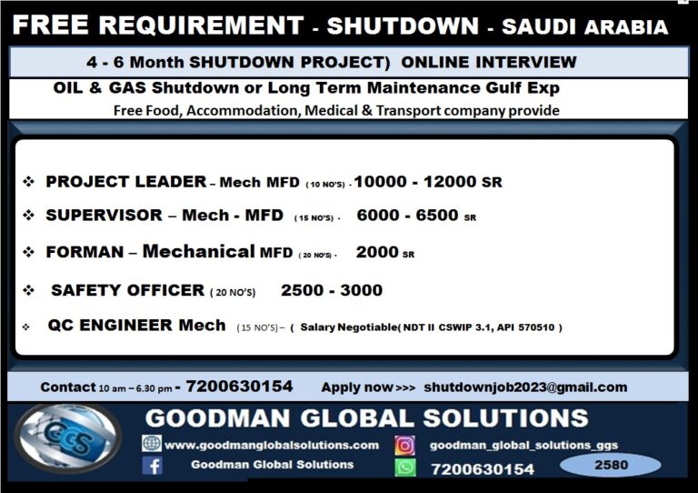 FREE REQUIREMENT   – SHUTDOWN PROJECT – SAUDI ARABIA  4-6 MONTH SHUTDOWN PROJECT PROJECT ONLINE  INTERVIEW