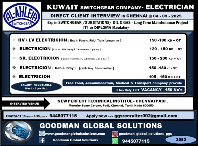 KUWAIT SWITCHGEAR COMPANY- ELECTRICIAN DIRECT  CLIENT INTERVIEW  IN CHENNAI @ 4-9-2025