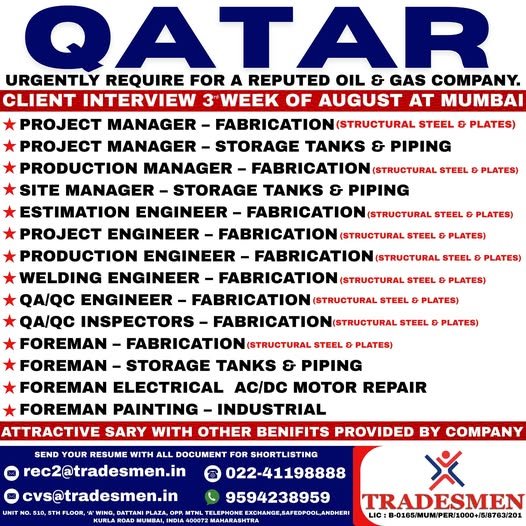 Qatar engineering and foreman vacancies – 3rd week August Mumbai interview