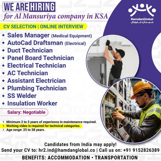 Saudi Arabia job vacancies for technicians, welders, and electricians with online interview by Hamdan Global