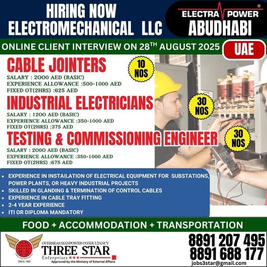 Electromechanical jobs in Abu Dhabi for Cable Jointers, Electricians, and Engineers – Interview on 28th August