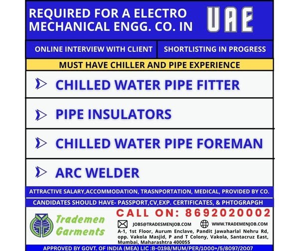UAE free recruitment for chilled water pipe fitters, insulators, foremen, and ARC welders with attractive salary and free benefits