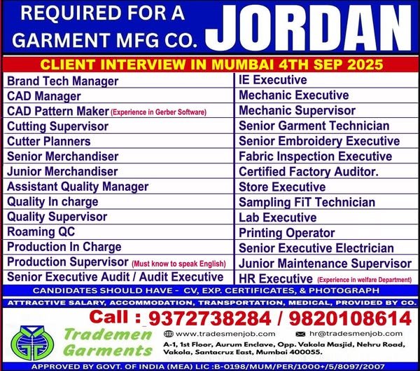 Jordan jobs free recruitment for garment manufacturing company with interviews in Mumbai for merchandisers, supervisors, QC, HR, and technicians