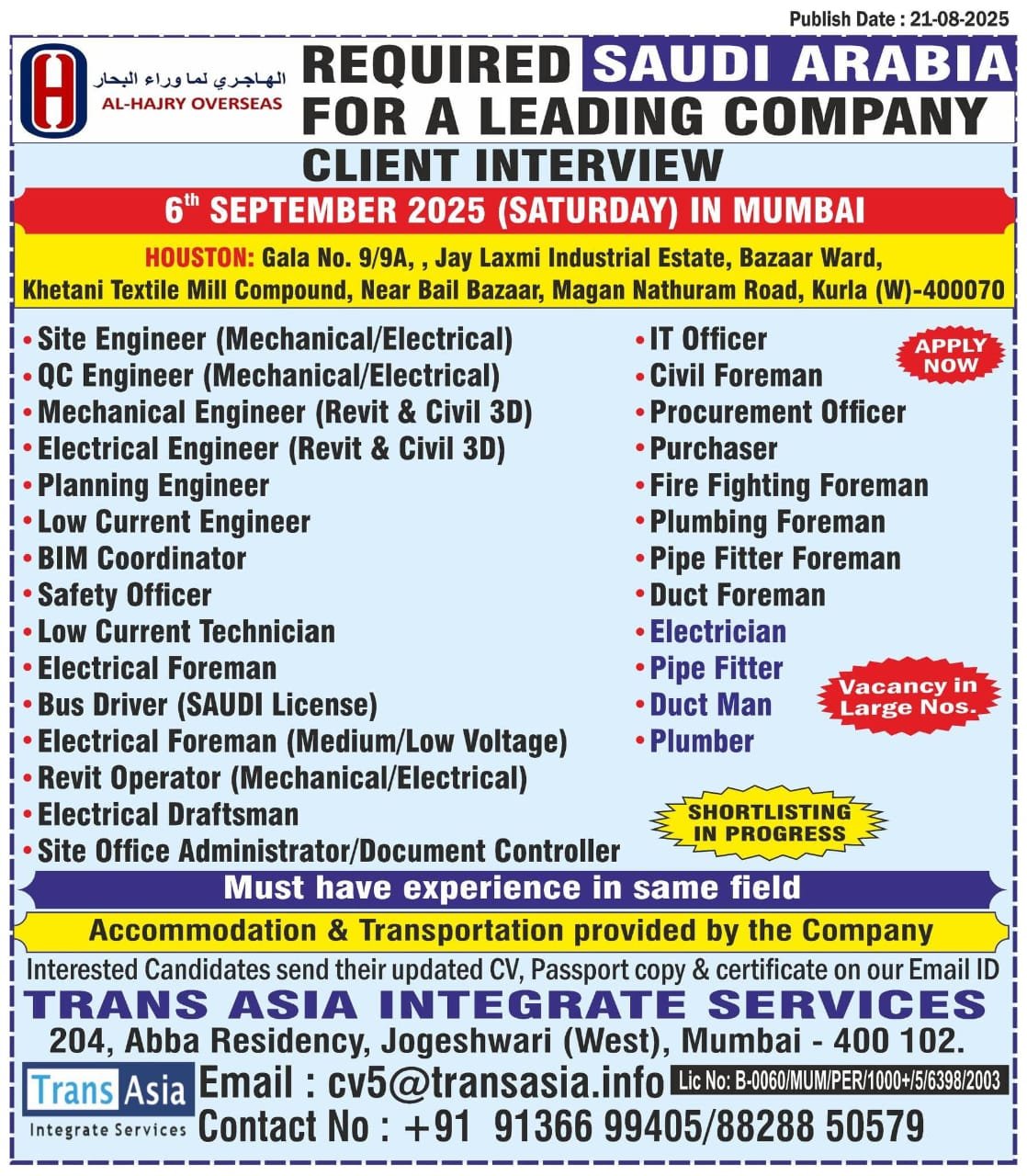 Saudi Arabia job openings with client interview in Mumbai on 6 September 2025 for engineers, foremen, electricians, and more