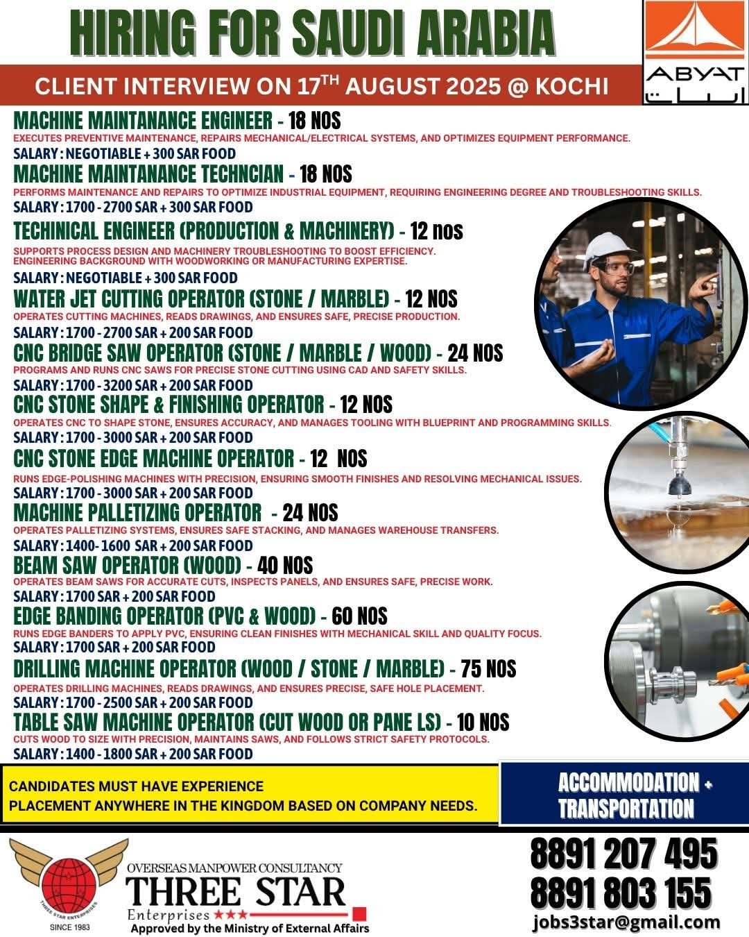 Job vacancies in Saudi Arabia for engineers, machine operators, and technicians with interview in Kochi