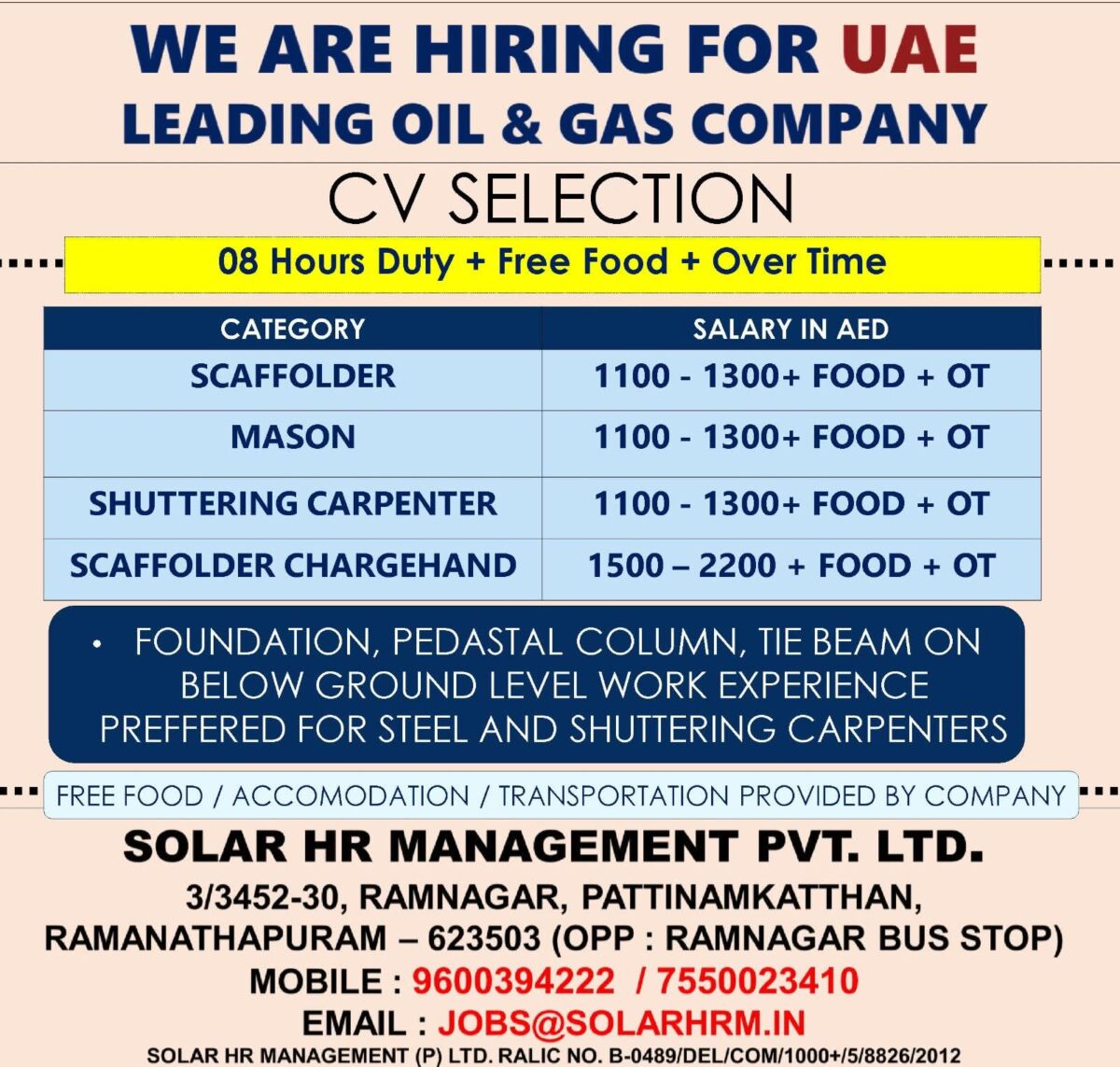 UAE job vacancies for scaffolders, masons, and carpenters with CV selection by Solar HR