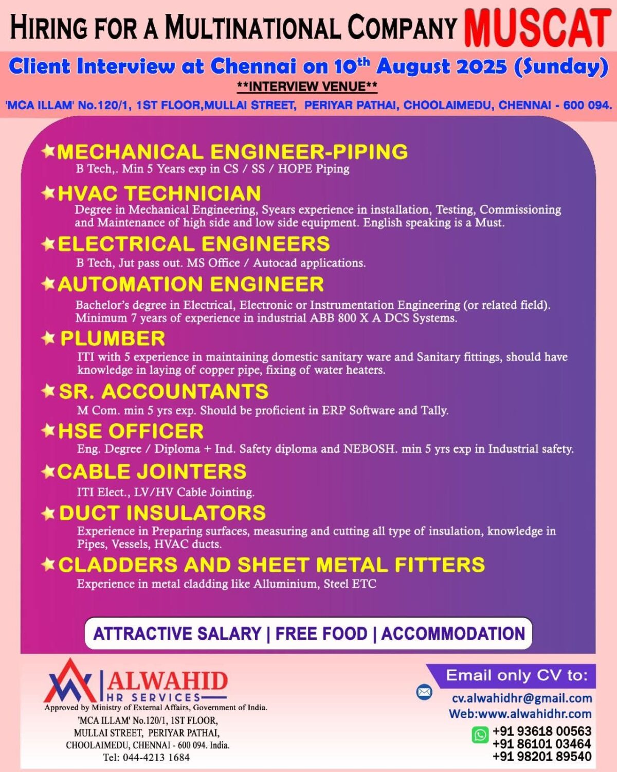 Oman job vacancies for engineers, HVAC, plumbers and technicians with interview in Chenna