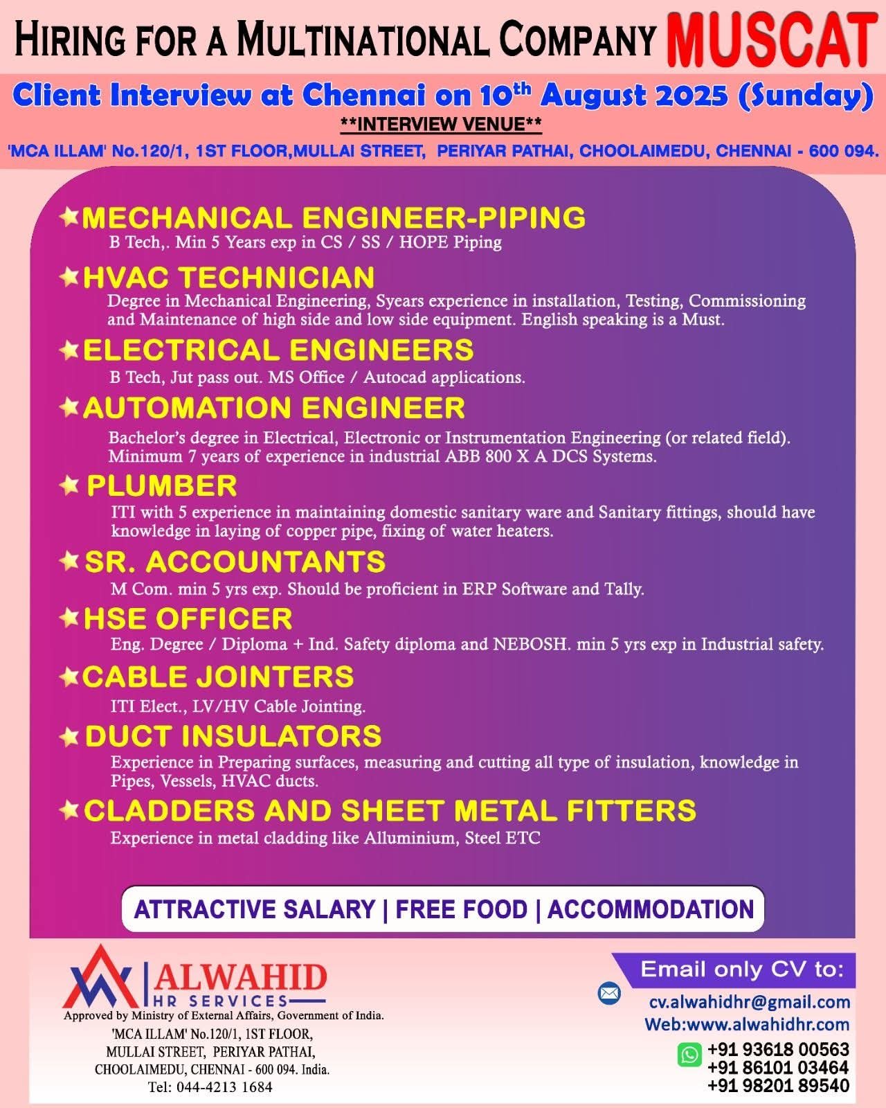Oman job vacancies for engineers, HVAC, plumbers and technicians with interview in Chenna