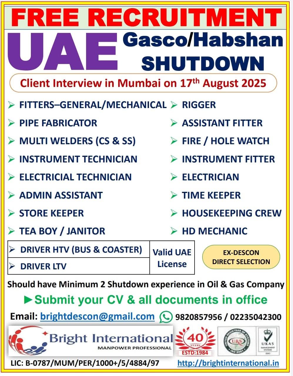 UAE Gasco Habshan shutdown job vacancies with client interview in Mumbai on 17 August 2025