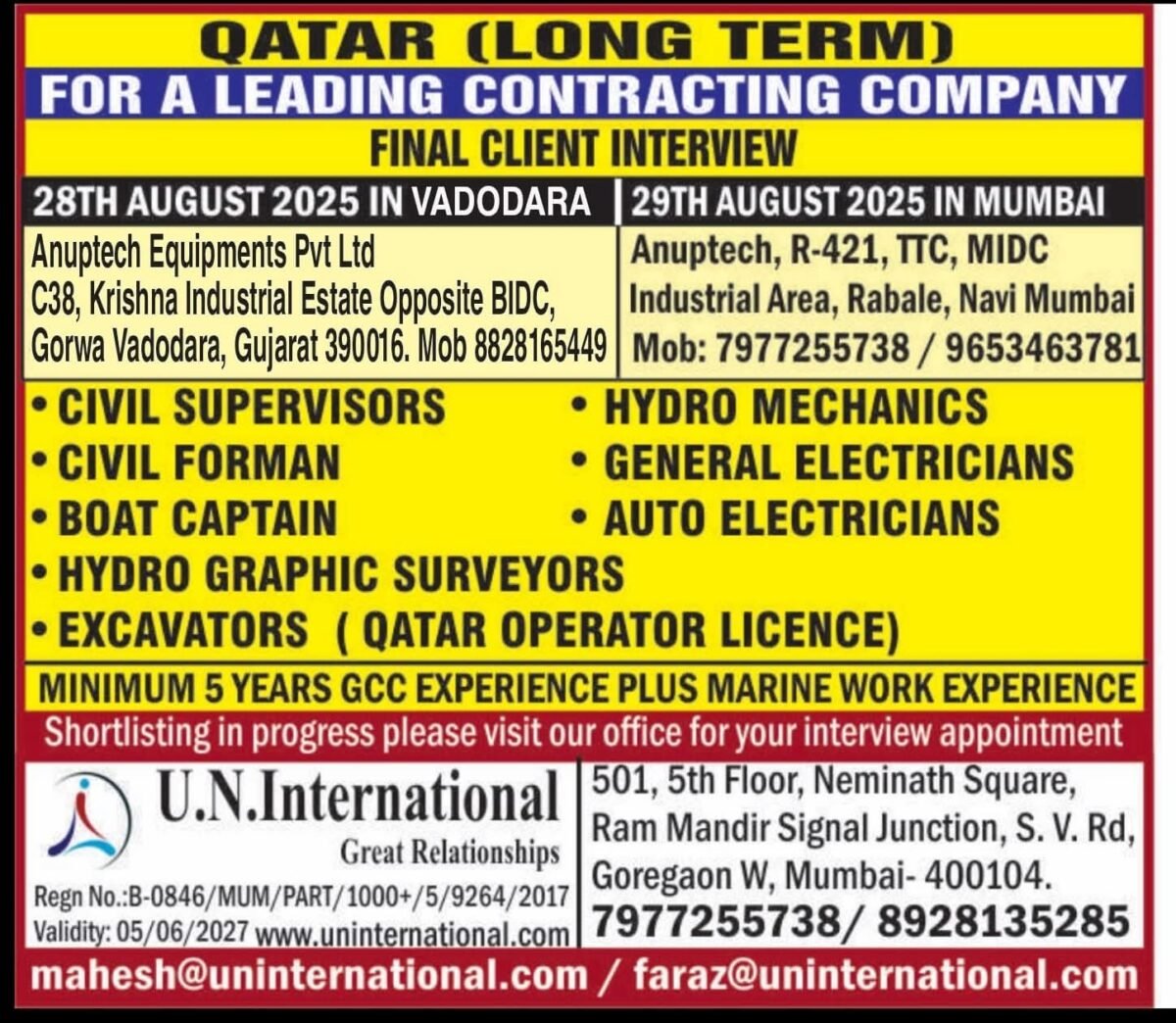 Final interview for Qatar long-term contracting company hiring in Vadodara and Mumbai