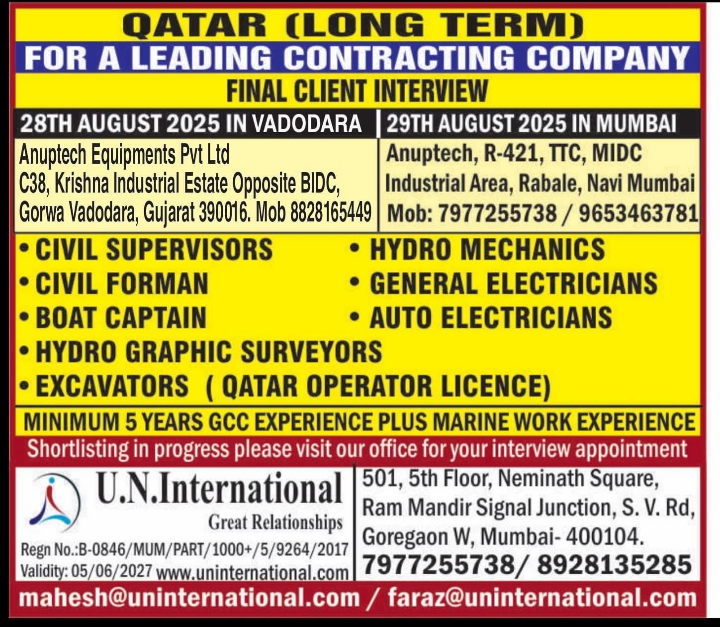 Final interview for Qatar long-term contracting company hiring in Vadodara and Mumbai
