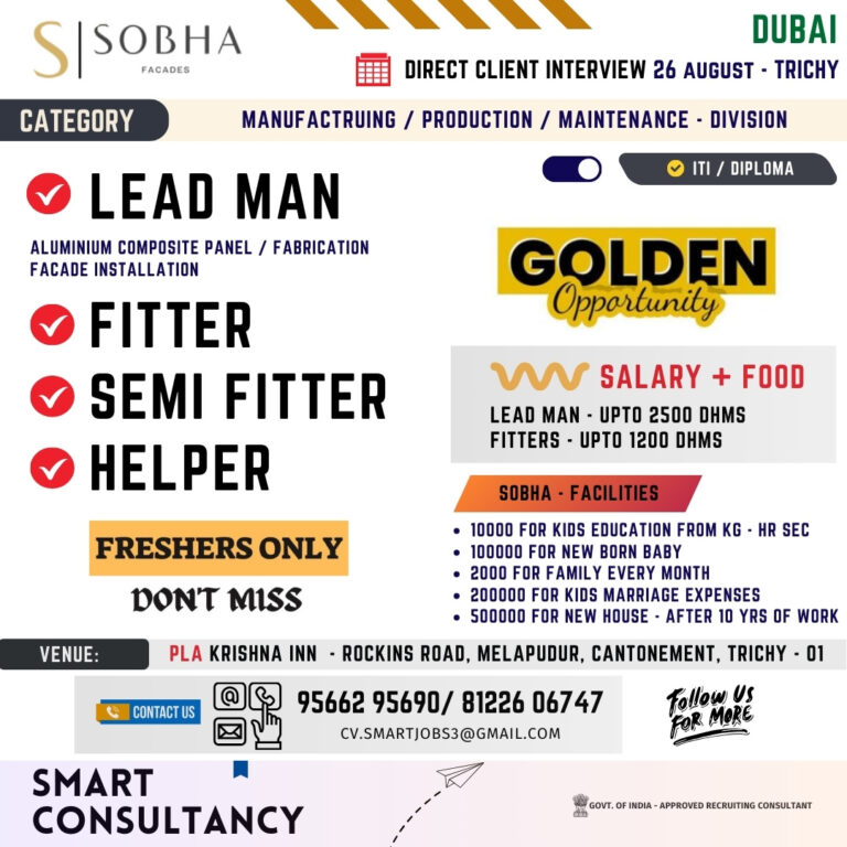 WANTED FOR A LEADING MANUFACTURING COMPANY - UAE MANUFACTURING DIVISION DIRECT CLIENT INTERVIEW ON 26th August - TRICHY 1 WANTED FOR A LEADING MANUFACTURING COMPANY – UAE MANUFACTURING DIVISION DIRECT CLIENT INTERVIEW ON 26th August – TRICHY
