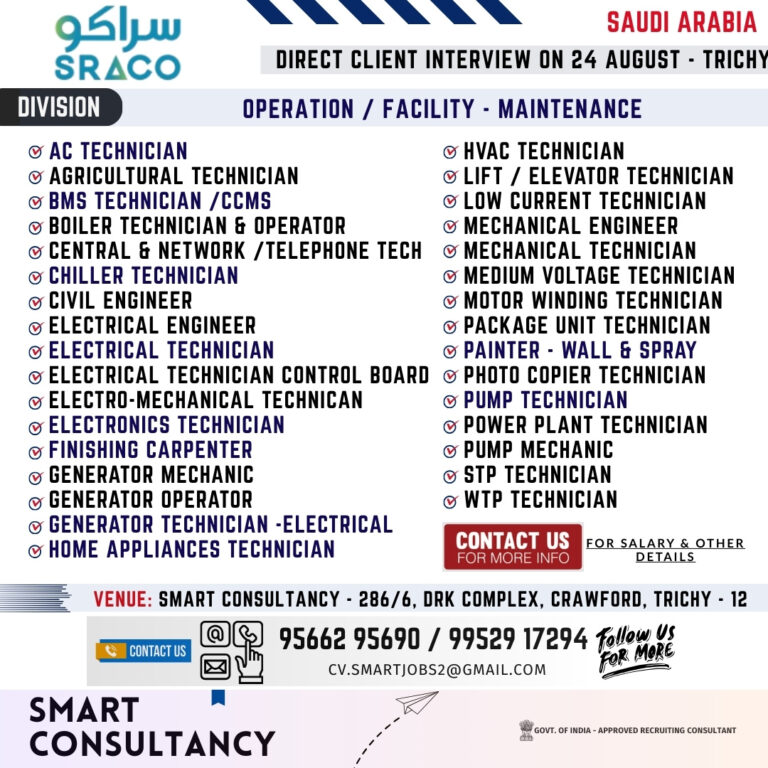 WANTED FOR A LEADING FACILITY / OPERATION MAINTENANCE COMPANY - SAUDI | DIRECT CLIENT INTERVIEW ON 16 AUGUST - TRICHY 2 WANTED FOR A LEADING FACILITY / OPERATION MAINTENANCE COMPANY – SAUDI | DIRECT CLIENT INTERVIEW ON 16 AUGUST – TRICHY