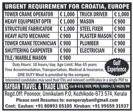 Job openings in Croatia, Europe for drivers, masons, electricians, mechanics and more
