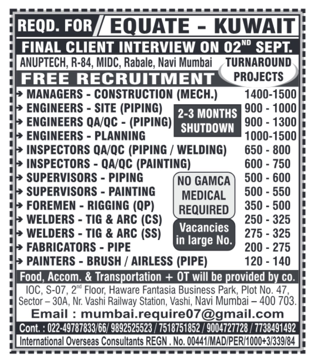 Kuwait turnaround project jobs with final interview in Navi Mumbai on 2 September 2025