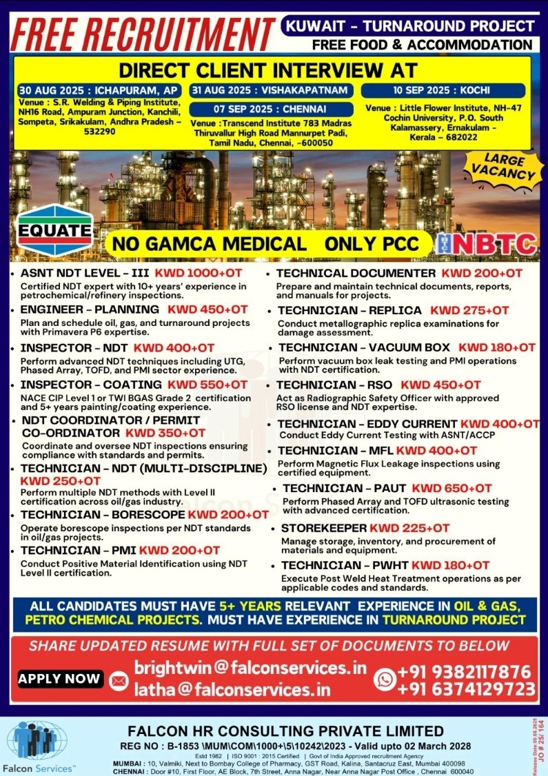 Kuwait free recruitment for oil and gas turnaround project with vacancies in NDT, inspection, technicians, engineers, and storekeepers