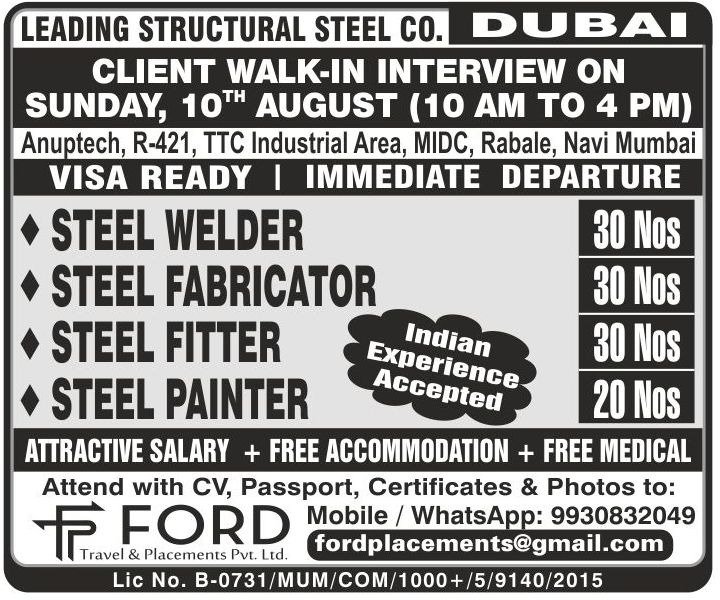 Dubai hiring welders, fabricators, fitters, painters – interview in Mumbai