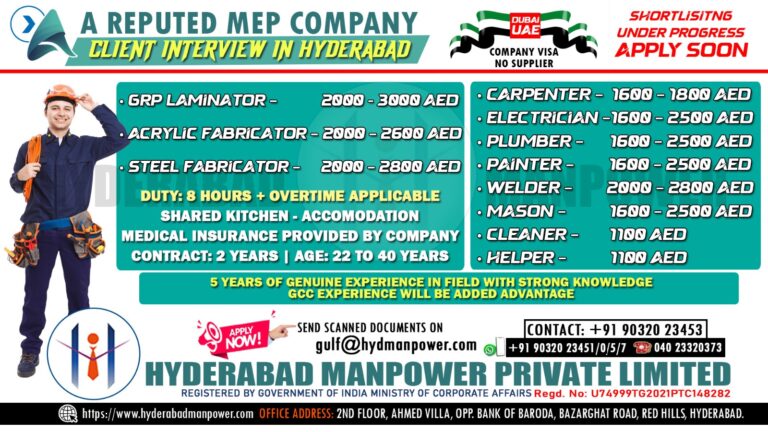 Urgent Hiring for A Reputed MEP Company in UAE