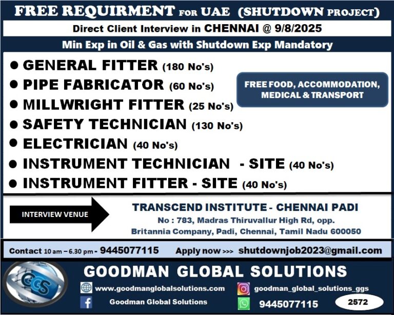 FREE REQUIREMENT FOR  UAE (SHUTDOWN PROJECT) DIRECT INTERVIEW IN CHENNAI @09/08/2025