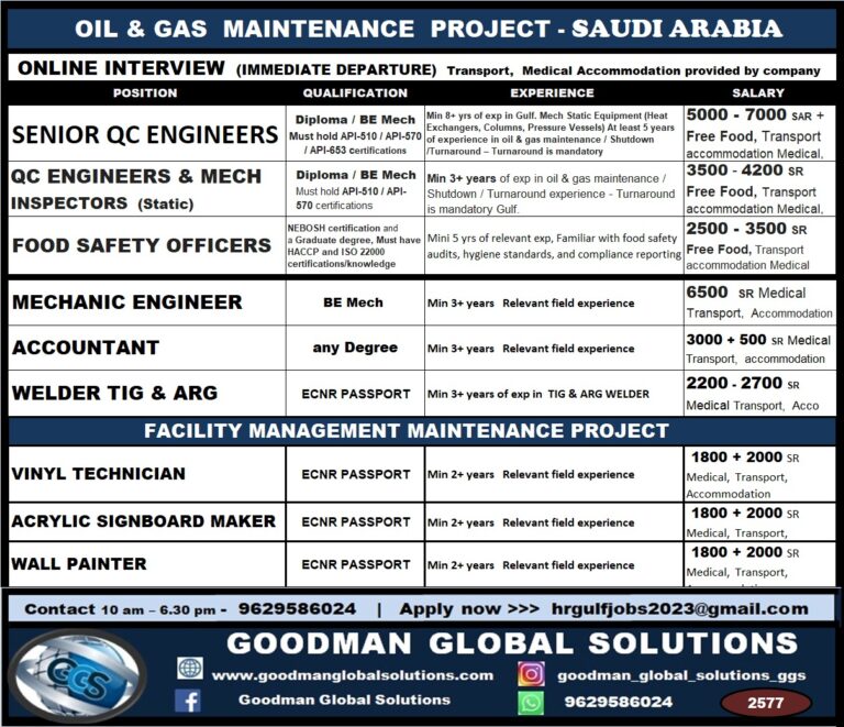 OIL & GAS  MAINTENANCE  PROJECT – SAUDI ARABIA  ONLINE INTERVIEW  (IMMEDIATE DEPARTURE)  Transport,  Medical Accommodation provided by company