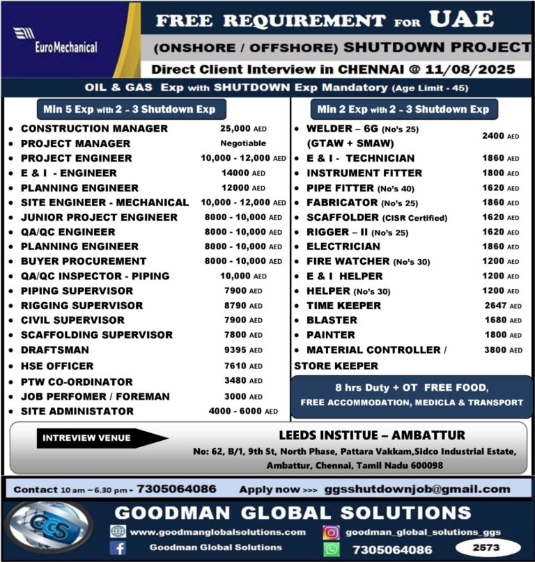 FREE REQUIREMENT – UAE (SHUTDOWN PROJECT) DIRECT INTERVIEW IN CHENNAI @11/08/2025