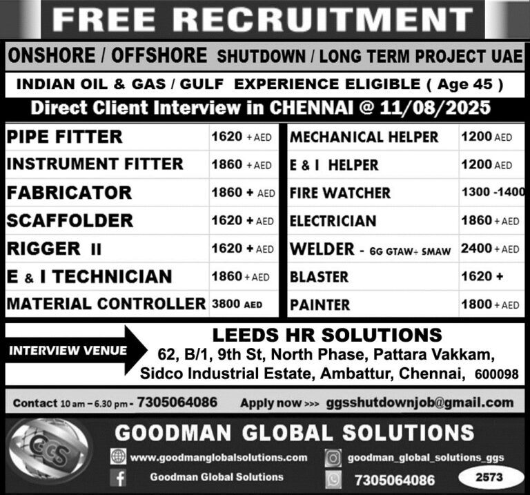 FREE REQUIREMENT – UAE (SHUTDOWN PROJECT) DIRECT INTERVIEW IN CHENNAI @11/08/2025
