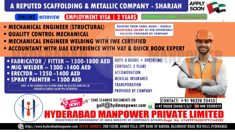 Urgent Hiring for A Leading Scaffolding & Metallic Company – SHARJAH UAE